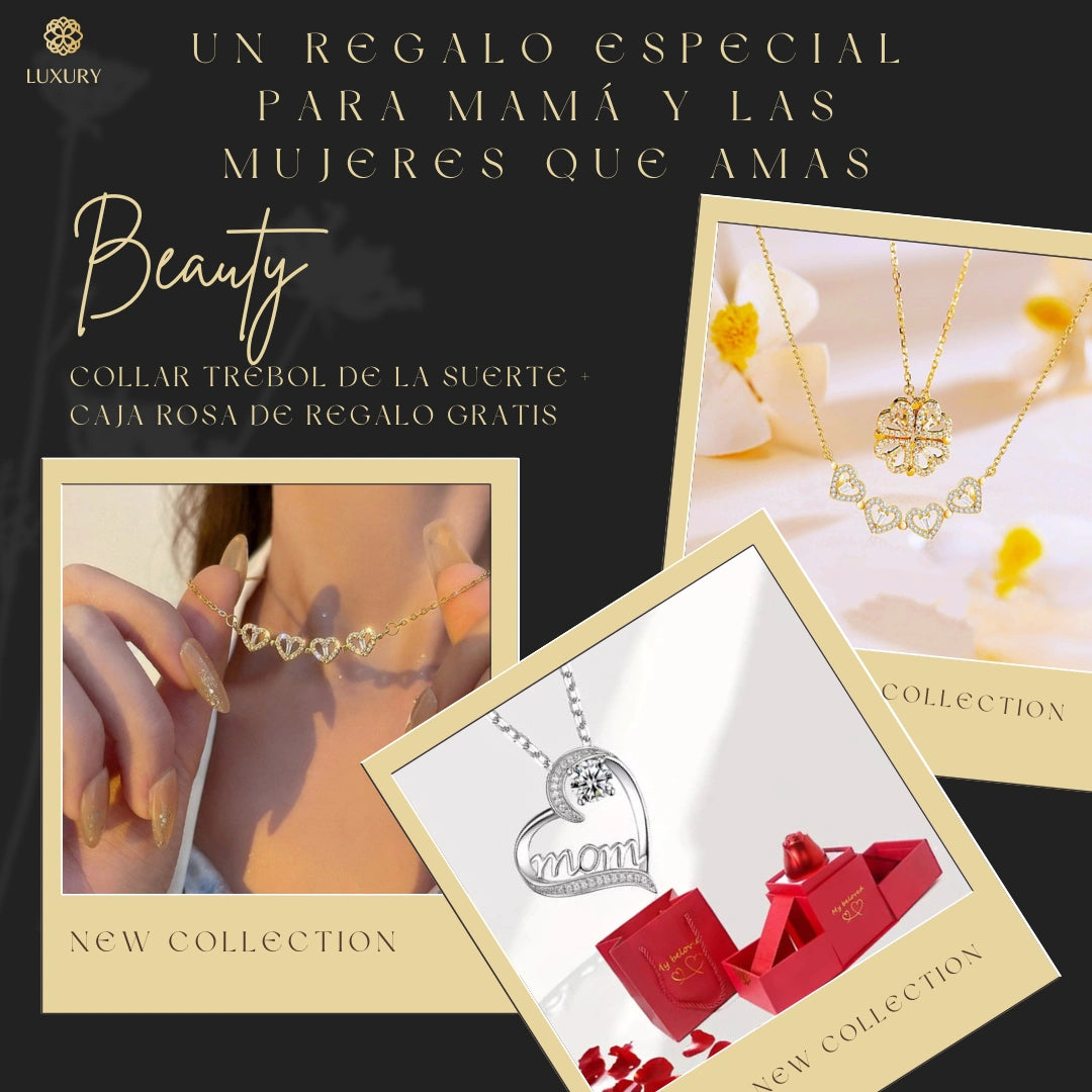 COLLAR TREBOL DE CUATRO HOJAS PARA MAMA 2x1 ESTUCHE PREMIUM PARA REGALAR